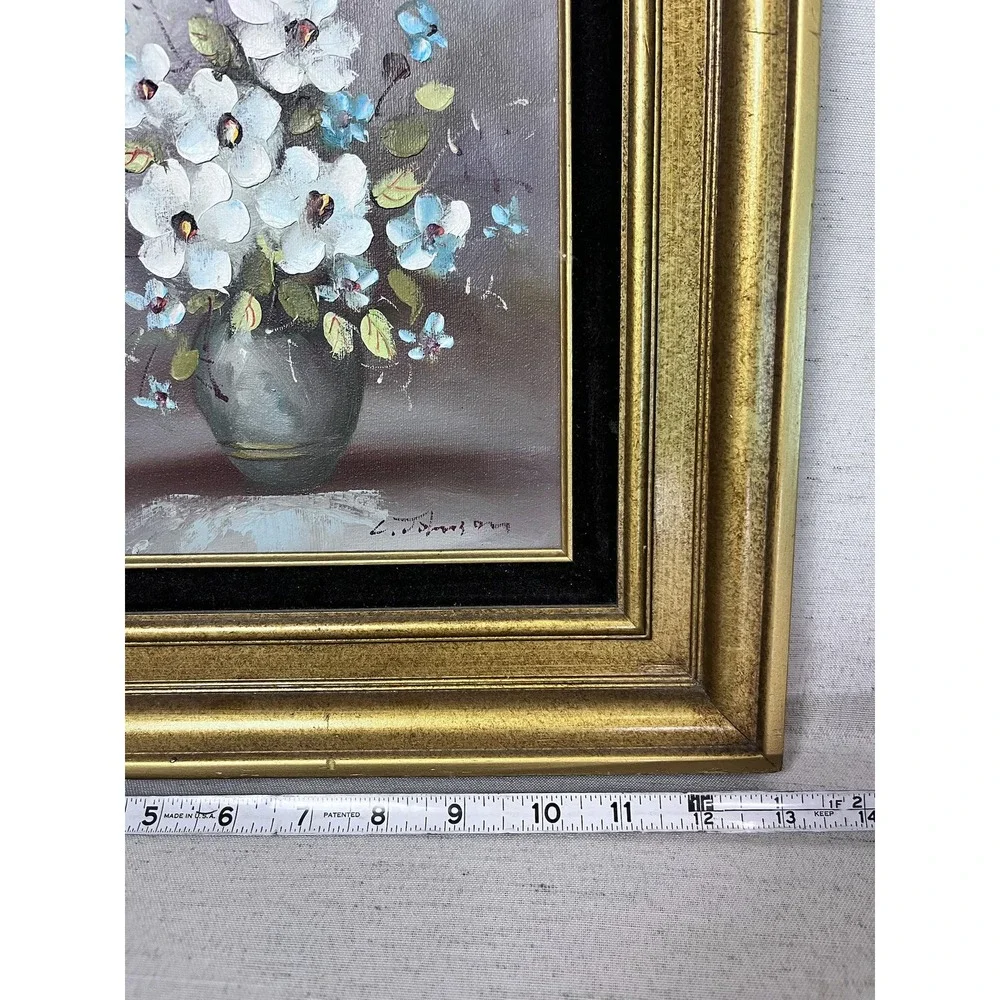 Vintage Floral Oil Painting | Gold Framed Wall Art, Mid-Century Moody Still Life